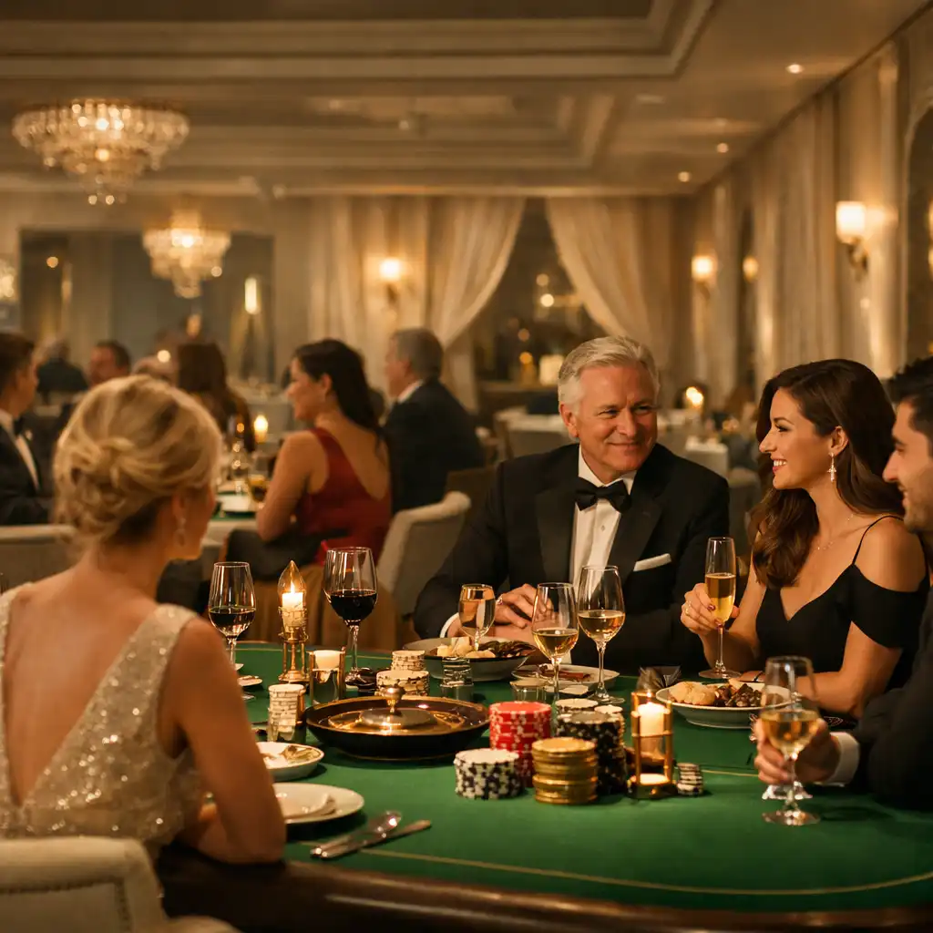 Elegancka restauracja fine dining z subtelną atmosferą inspirowaną kasynem
